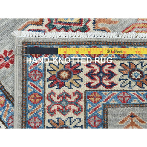 2'7"x8'2" Ash Gray, Afghan Super Kazak with Geometric Medallions, Natural Dyes Densely Woven, Natural Wool Hand Knotted, Runner Oriental Rug FWR496404