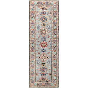 2'8"x7'8" Goose Gray, Hand Knotted Afghan Super Kazak with Large Medallions, Natural Dyes Dense Weave, Organic Wool, Runner Oriental Rug FWR496410