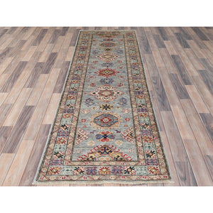 2'8"x7'8" Goose Gray, Hand Knotted Afghan Super Kazak with Large Medallions, Natural Dyes Dense Weave, Organic Wool, Runner Oriental Rug FWR496410