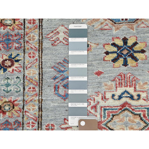 2'8"x7'8" Goose Gray, Hand Knotted Afghan Super Kazak with Large Medallions, Natural Dyes Dense Weave, Organic Wool, Runner Oriental Rug FWR496410