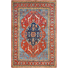 Load image into Gallery viewer, 4&#39;x5&#39;9&quot; Imperial Red, Afghan Peshawar with Large Medallion Heriz Design Natural Dyes, Pure Wool Hand Knotted, Oriental Rug FWR496956