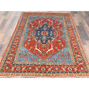 4'x5'9" Imperial Red, Afghan Peshawar with Large Medallion Heriz Design Natural Dyes, Pure Wool Hand Knotted, Oriental Rug FWR496956