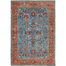 Load image into Gallery viewer, 4&#39;x5&#39;9&quot; Air Force Blue, Afghan Peshawar with All Over Heriz Design Vegetable Dyes, Natural Wool Hand Knotted, Oriental Rug FWR496980