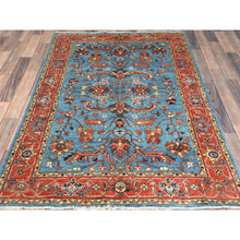 Load image into Gallery viewer, 4&#39;x5&#39;9&quot; Air Force Blue, Afghan Peshawar with All Over Heriz Design Vegetable Dyes, Natural Wool Hand Knotted, Oriental Rug FWR496980