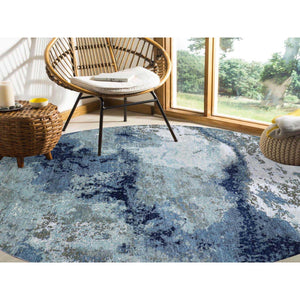 10'4"x10'4" Blue Modern Abstract Design, Pure Wool, Hand Knotted, Densely Woven, Persian Knot Round Oriental Rug FWR498186