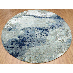 10'4"x10'4" Blue Modern Abstract Design, Pure Wool, Hand Knotted, Densely Woven, Persian Knot Round Oriental Rug FWR498186