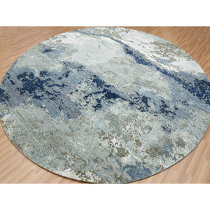 10'4"x10'4" Blue Modern Abstract Design, Pure Wool, Hand Knotted, Densely Woven, Persian Knot Round Oriental Rug FWR498186