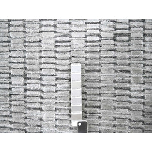 7'10"x10' Black and Gray, Wool and Plant Based Silk, Modern Textured Roman Floor Design, Hand Loomed, Oriental Rug FWR505782