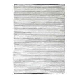 7'10"x10' Black and Ivory, Modern Textured and Variegated Line Design, Wool and Plant Based Silk, Hand Loomed, Oriental Rug FWR506004