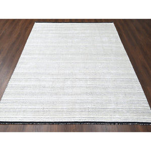 7'10"x10' Black and Ivory, Modern Textured and Variegated Line Design, Wool and Plant Based Silk, Hand Loomed, Oriental Rug FWR506004