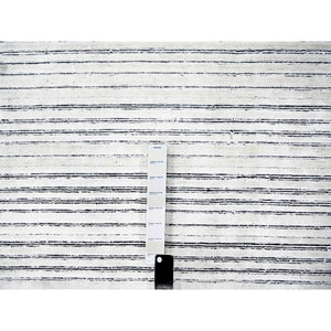 7'10"x10' Black and Ivory, Modern Textured and Variegated Line Design, Wool and Plant Based Silk, Hand Loomed, Oriental Rug FWR506004