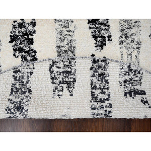 7'10"x8' Black and Ivory, Thick and Plush, Organic Undyed Wool, Modern Erased Column Design, Hand Knotted, Round, Oriental Rug FWR506604