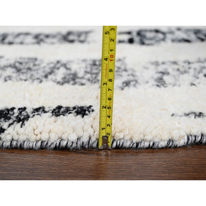 7'10"x8' Black and Ivory, Thick and Plush, Organic Undyed Wool, Modern Erased Column Design, Hand Knotted, Round, Oriental Rug FWR506604