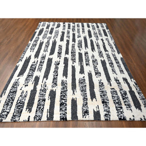 10'2"x13'7" Ivory and Black, Organic Undyed Wool, Natural Dyes, Thick and Plush, Modern Erased Column Design, Hand Knotted, Oriental Rug FWR506658