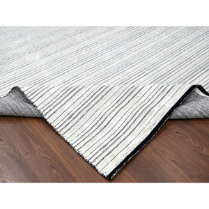 14'x16' Anti-Flash White and Black, Wool and Plant Based Silk, Modern Textured and Variegated Line Design, Hand Loomed, Oversized Oriental Rug FWR506736