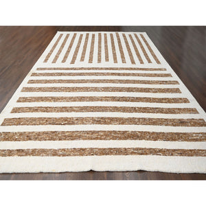 12'1"x17'9" Leather Brown and Ivory, Pure Wool, Soft and Vibrant Pile, Minimalist Stripe Design, Hand Knotted, Oversized Oriental Rug FWR506772