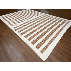 12'1"x17'9" Leather Brown and Ivory, Pure Wool, Soft and Vibrant Pile, Minimalist Stripe Design, Hand Knotted, Oversized Oriental Rug FWR506772