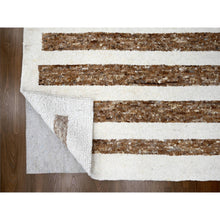 Load image into Gallery viewer, 12&#39;1&quot;x17&#39;9&quot; Leather Brown and Ivory, Pure Wool, Soft and Vibrant Pile, Minimalist Stripe Design, Hand Knotted, Oversized Oriental Rug FWR506772