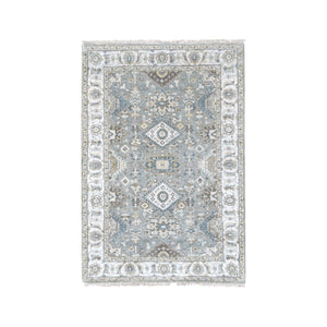 4'1"x6' Oxford Gray, Hand Knotted, Karajeh Design with Geometric Medallion, Extra Soft Wool, Oriental Rug FWR507300