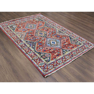 6'x8'10" Prismatic Red, Supple Collection Hand Knotted Shiraz Design with Serrated Medallions, Organic Wool, Oriental Rug FWR507378