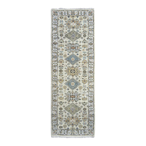 2'7"x7'9" Acoustic White, Hand Knotted, Karajeh Design Tribal Medallions, Extra Soft Wool, Runner Oriental Rug FWR507642