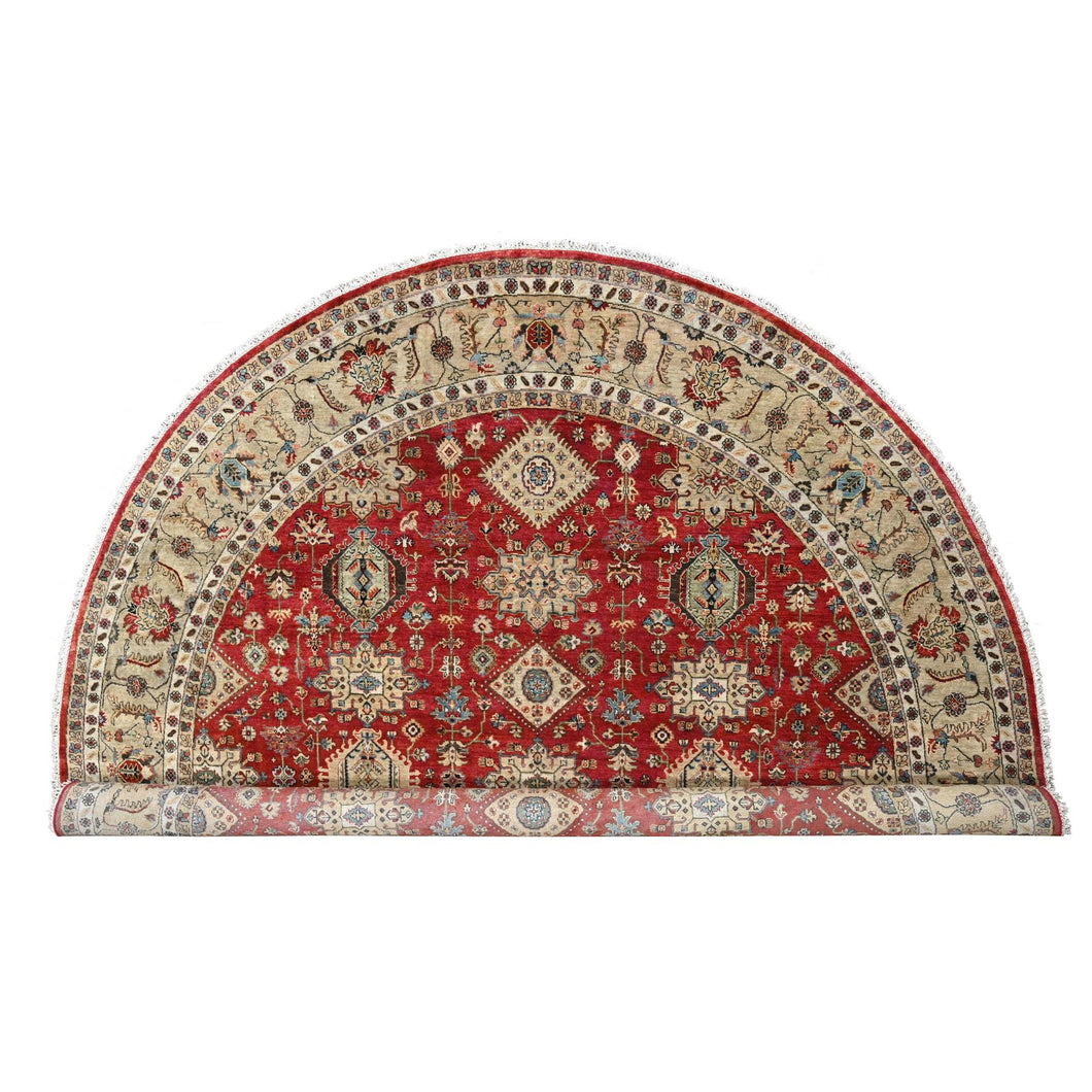 12'x12' Fire Brick Red, Karajeh with Geometric Medallions Design, Pure Wool, Hand Knotted, Round Oriental Rug FWR508116