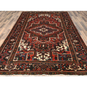 6'8"x9'3" Tomato Red, Hand Knotted, Worn Wool, Vintage Persian Heriz, Good Condition, Sides and Ends Professionally Secured, Cleaned, Oriental Rug FWR511422