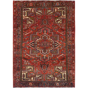 6'9"x10' Rust Red, Vintage Persian Heriz, Sides and Ends Professionally Secured, Cleaned, Distressed Look Worn Wool, Hand Knotted, Oriental Rug FWR511446