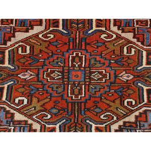 6'9"x10' Rust Red, Vintage Persian Heriz, Sides and Ends Professionally Secured, Cleaned, Distressed Look Worn Wool, Hand Knotted, Oriental Rug FWR511446