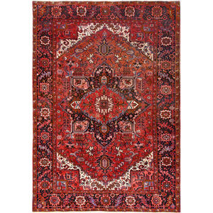 7'5"x10'10" Prismatic Red, Pure Wool, Hand Knotted, Semi Antique Bohemian Persian Heriz, Good Condition, Rustic Look, Sides and Ends Professionally Secured, Cleaned, Oriental Rug FWR512370