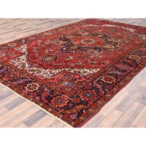 7'5"x10'10" Prismatic Red, Pure Wool, Hand Knotted, Semi Antique Bohemian Persian Heriz, Good Condition, Rustic Look, Sides and Ends Professionally Secured, Cleaned, Oriental Rug FWR512370