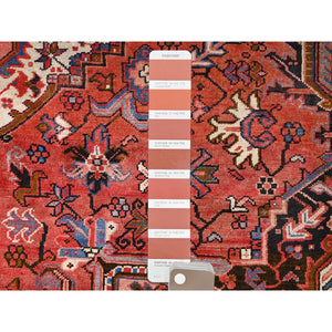 7'5"x10'10" Prismatic Red, Pure Wool, Hand Knotted, Semi Antique Bohemian Persian Heriz, Good Condition, Rustic Look, Sides and Ends Professionally Secured, Cleaned, Oriental Rug FWR512370