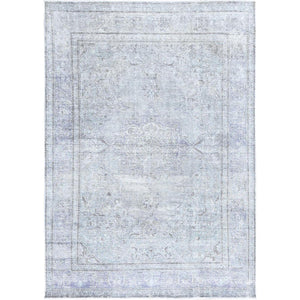 6'9"x9'10" Blue Gray, Hand Knotted, Vintage Persian Tabriz, Distressed Look, Cropped Thin, Pure Wool, Oriental Rug FWR512382