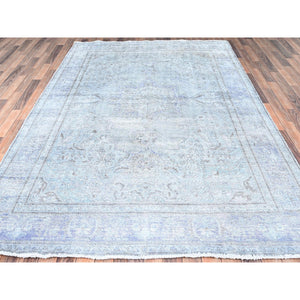 6'9"x9'10" Blue Gray, Hand Knotted, Vintage Persian Tabriz, Distressed Look, Cropped Thin, Pure Wool, Oriental Rug FWR512382