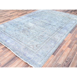 6'9"x9'10" Blue Gray, Hand Knotted, Vintage Persian Tabriz, Distressed Look, Cropped Thin, Pure Wool, Oriental Rug FWR512382