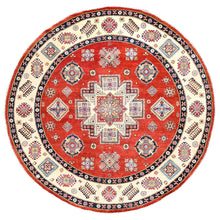 Load image into Gallery viewer, 8&#39;x8&#39; Candy Red, Hand Knotted, Vegetable Dyes, Special Kazak with Geometric Medallions, Pure Wool, Round Oriental Rug FWR512550