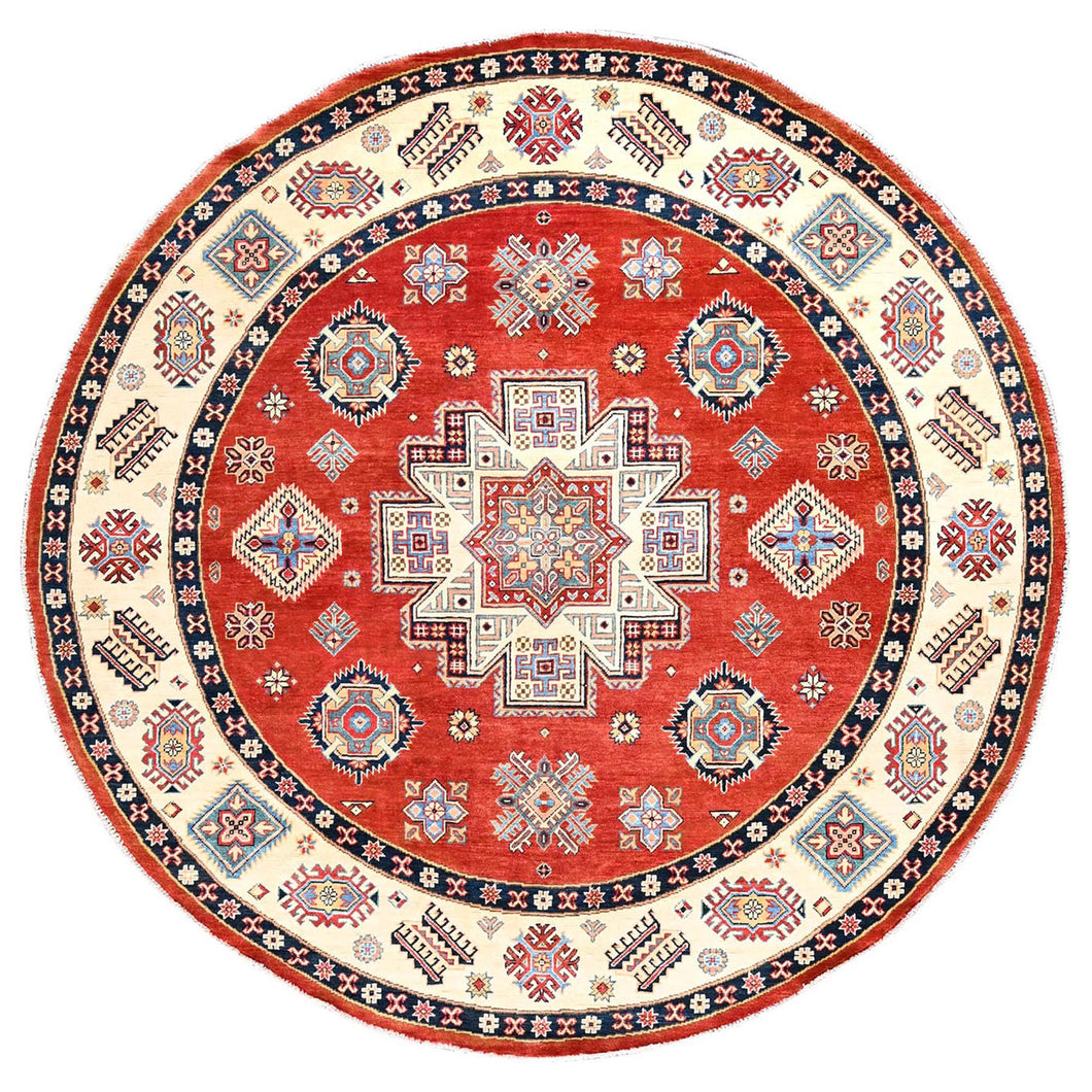 8'x8' Candy Red, Hand Knotted, Vegetable Dyes, Special Kazak with Geometric Medallions, Pure Wool, Round Oriental Rug FWR512550