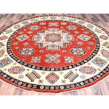 Load image into Gallery viewer, 8&#39;x8&#39; Candy Red, Hand Knotted, Vegetable Dyes, Special Kazak with Geometric Medallions, Pure Wool, Round Oriental Rug FWR512550