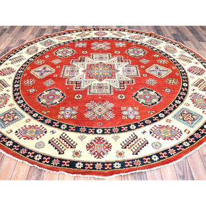 8'x8' Candy Red, Hand Knotted, Vegetable Dyes, Special Kazak with Geometric Medallions, Pure Wool, Round Oriental Rug FWR512550