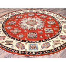 Load image into Gallery viewer, 8&#39;x8&#39; Candy Red, Hand Knotted, Vegetable Dyes, Special Kazak with Geometric Medallions, Pure Wool, Round Oriental Rug FWR512550