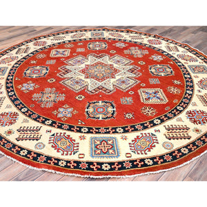 8'x8' Candy Red, Hand Knotted, Vegetable Dyes, Special Kazak with Geometric Medallions, Pure Wool, Round Oriental Rug FWR512550