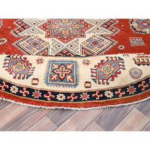 Load image into Gallery viewer, 8&#39;x8&#39; Candy Red, Hand Knotted, Vegetable Dyes, Special Kazak with Geometric Medallions, Pure Wool, Round Oriental Rug FWR512550