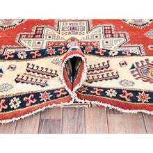 Load image into Gallery viewer, 8&#39;x8&#39; Candy Red, Hand Knotted, Vegetable Dyes, Special Kazak with Geometric Medallions, Pure Wool, Round Oriental Rug FWR512550