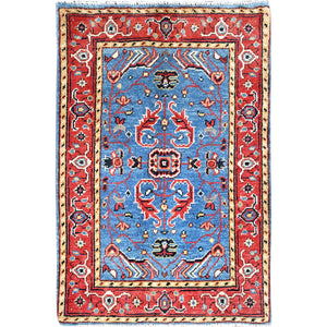 2'x2'10" Cerulean Blue, Afghan Peshawar with Serapi Heriz Design, Dense Weave, Vegetable Dyes, Pure Wool, Hand Knotted, Mat Oriental Rug FWR512850