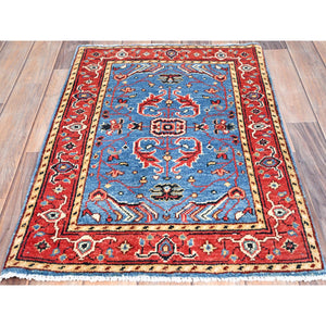 2'x2'10" Cerulean Blue, Afghan Peshawar with Serapi Heriz Design, Dense Weave, Vegetable Dyes, Pure Wool, Hand Knotted, Mat Oriental Rug FWR512850