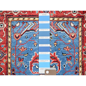 2'x2'10" Cerulean Blue, Afghan Peshawar with Serapi Heriz Design, Dense Weave, Vegetable Dyes, Pure Wool, Hand Knotted, Mat Oriental Rug FWR512850