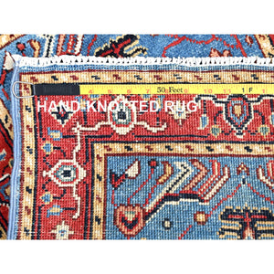 2'x2'10" Cerulean Blue, Afghan Peshawar with Serapi Heriz Design, Dense Weave, Vegetable Dyes, Pure Wool, Hand Knotted, Mat Oriental Rug FWR512850