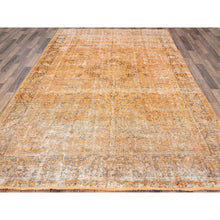 Load image into Gallery viewer, 6&#39;5&quot;x10&#39; Carrot Orange, Shaved Down, Distressed Look, Extra Soft Wool, Hand Knotted, Vintage Persian Tabriz with Faded Medallion Design, Oriental Rug FWR513252