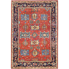 Load image into Gallery viewer, 3&#39;10&quot;x5&#39;7&quot; Chili Red, Pure Wool, Dense Weave, Afghan Peshawar with Serapi Heriz Design, Natural Dyes, Hand Knotted, Oriental Rug FWR513840