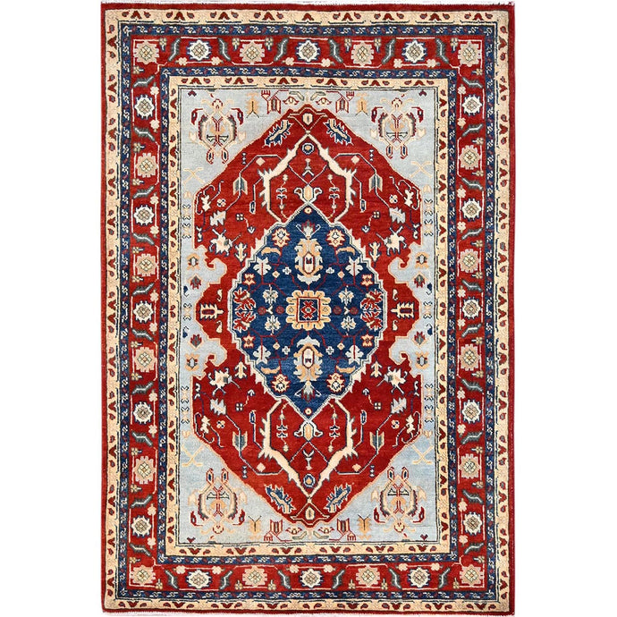 4'x6' Arctic Blue, Afghan Peshawar with Serapi Heriz Design, Soft Wool, Dense Weave, Vegetable Dyes, Hand Knotted, Oriental Rug FWR513846